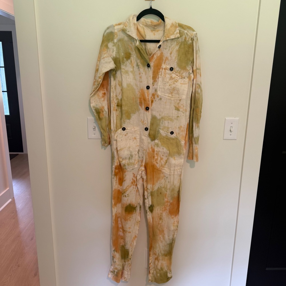 Back Beat Co Tie Dye Linen Utility‎ Jumpsuit XS Green Orange Long Sleeve Romper